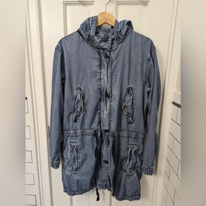 Gap Coat Womens Blue Denim Full Zip Utility Cargo Jacket w/Hideaway Hood Size M